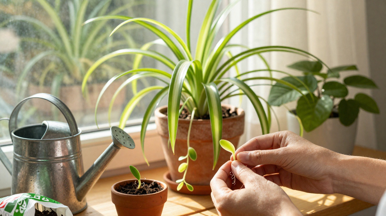 Mãos a transplantar uma pequena planta em vasos junto a janela com regador e outras plantas ao fundo.