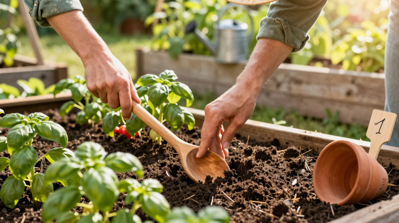 Mãos a preparar solo numa horta para plantar, usando uma colher de pau, com vasos e plantas verdes próximas.