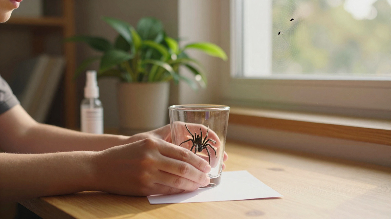 Mãos de bebé seguram um copo de vidro com uma aranha preta dentro, sobre uma mesa junto a uma janela.