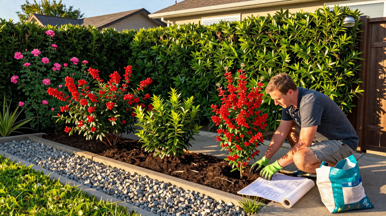 Homem a jardinar plantas com flores vermelhas num jardim bem cuidado ao ar livre ao entardecer.