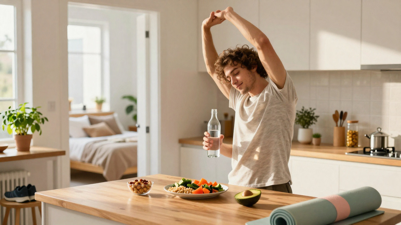Jovem estica os braços na cozinha com garrafa de água, comida saudável e tapete de yoga na mesa.