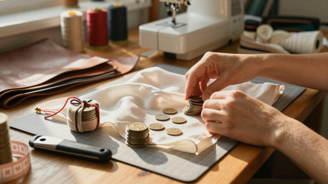 Mãos a organizar moedas sobre tecido branco numa mesa com máquina de costura e materiais de costura.