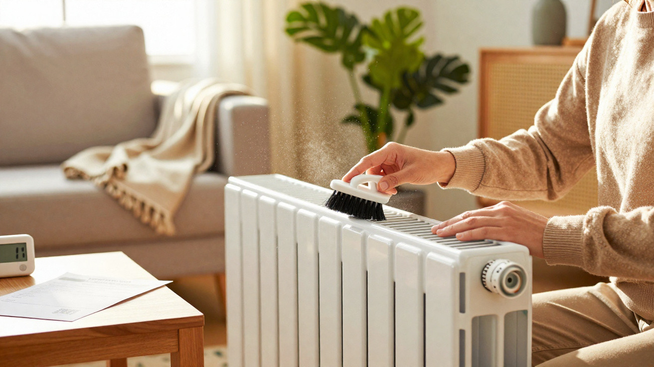 Pessoa a limpar um aquecedor elétrico branco numa sala acolhedora com sofá e planta.
