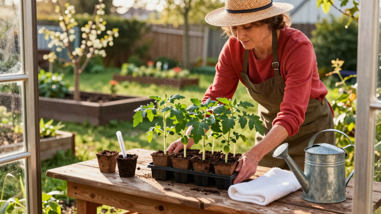 Mulher com chapéu a cuidar de plantas jovens num jardim com regador e toalha na mesa.