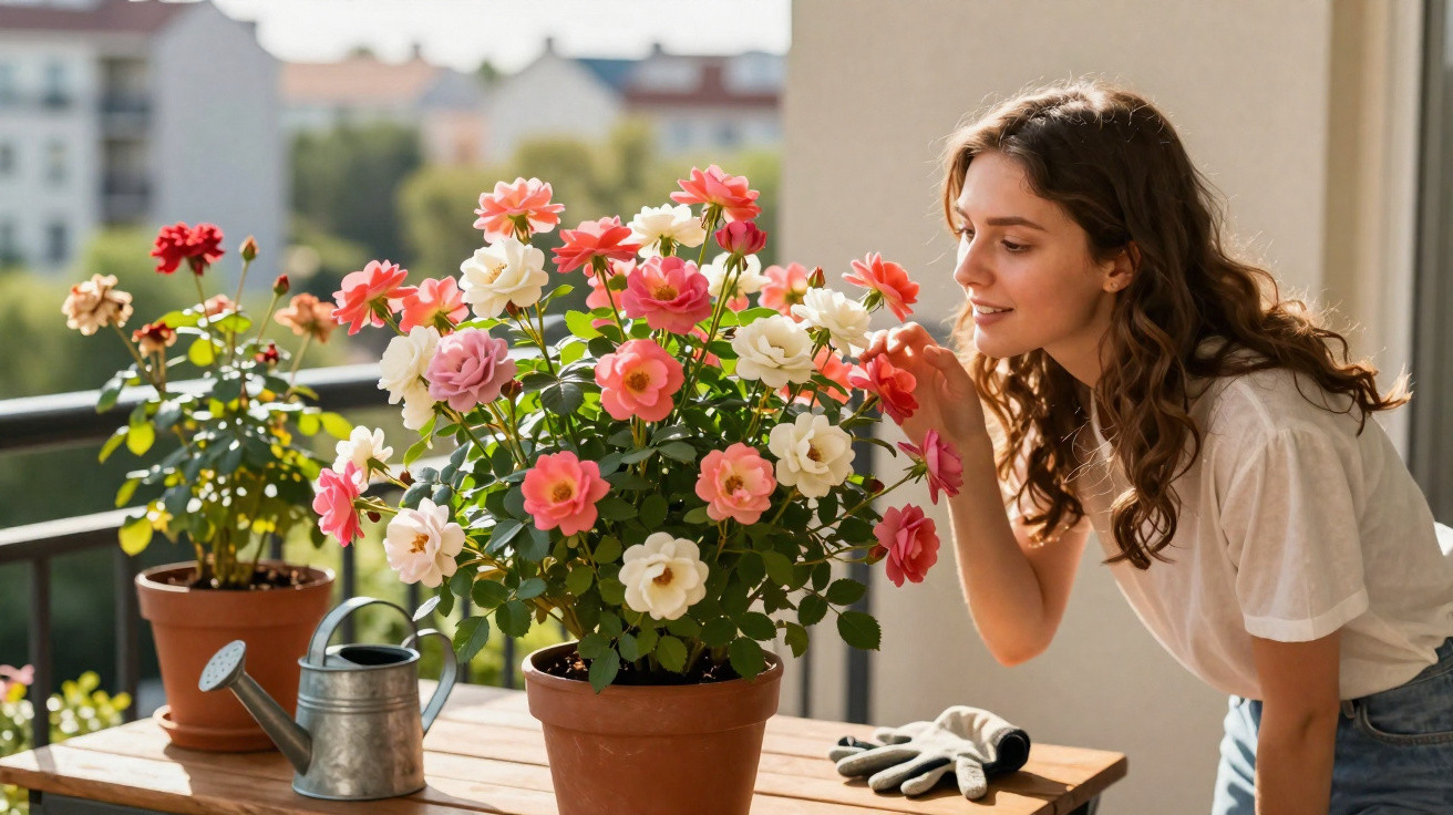Mulher sorridente a cheirar flores coloridas em vaso num terraço ensolarado com regador e luvas.