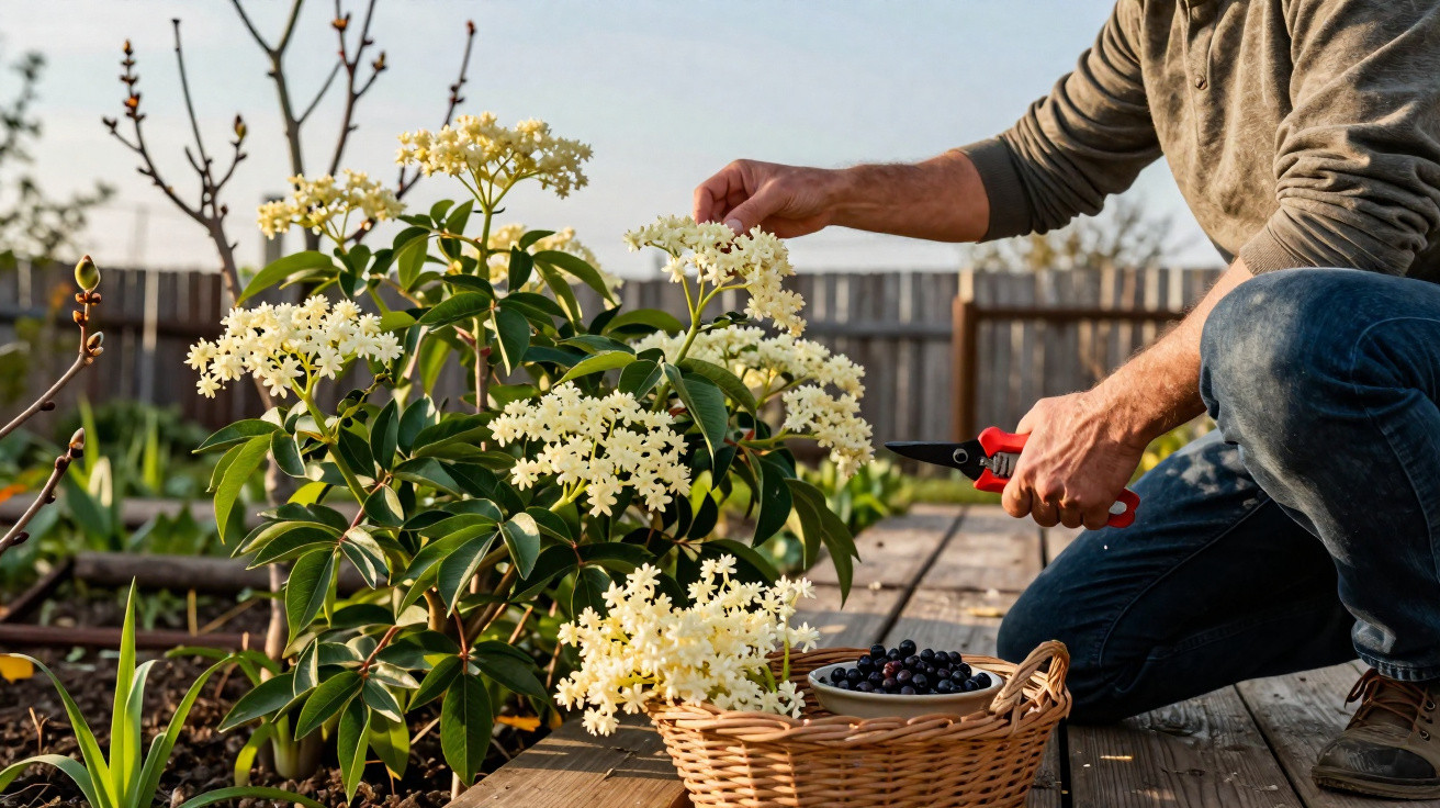 Pessoa a colher flores brancas de uma planta num jardim com um cesto e frutos silvestres ao lado.