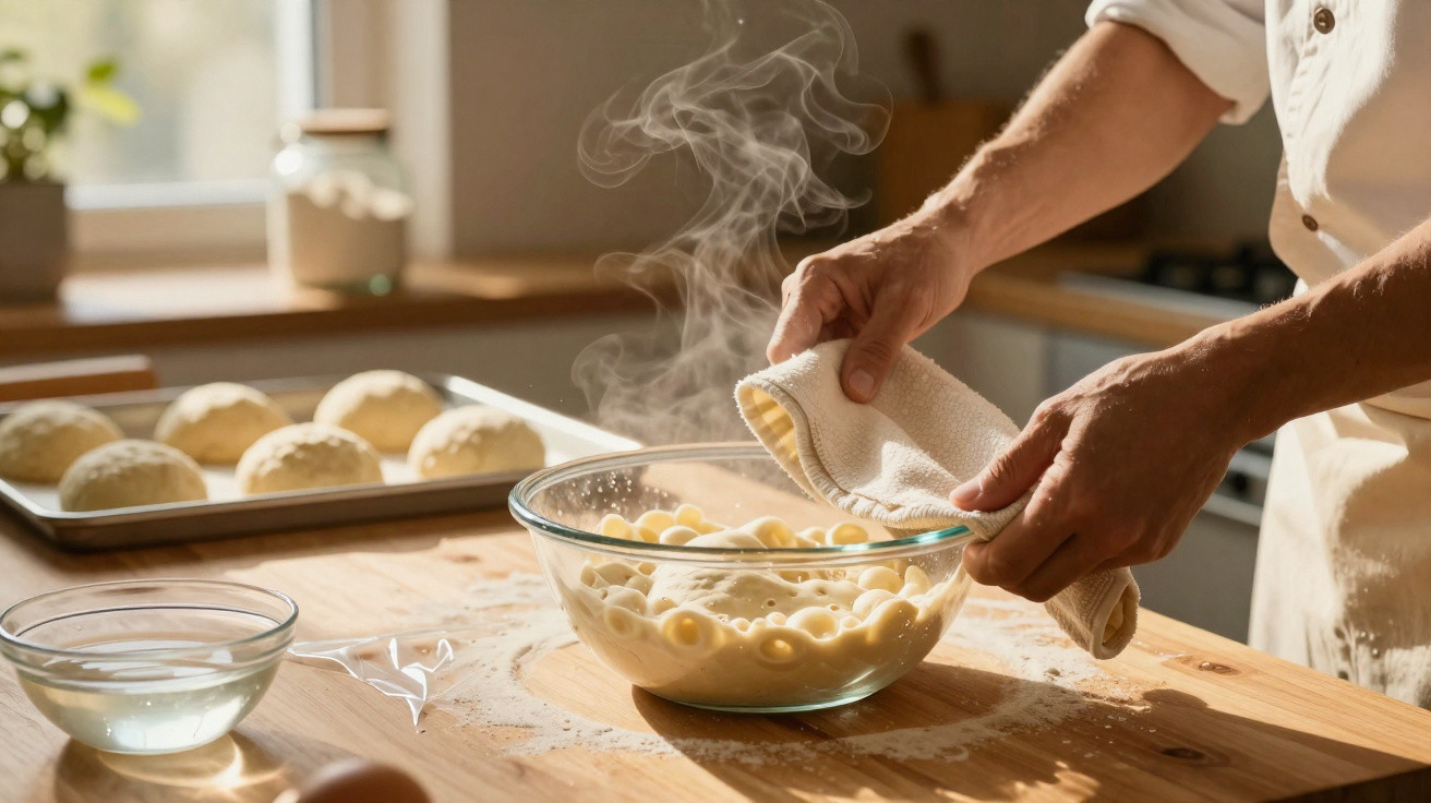 Mãos de uma pessoa a retirar uma tigela de vidro com massa quente numa cozinha iluminada.