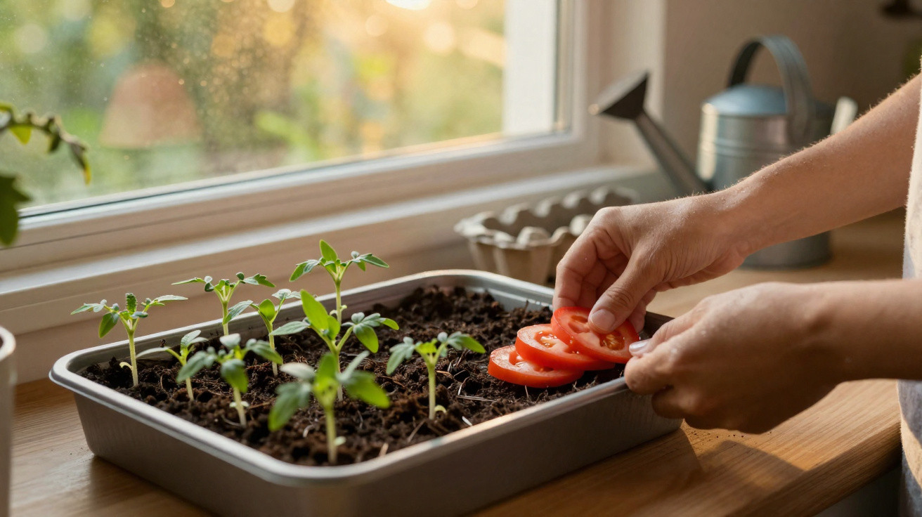 Mãos a colocar fatias de tomate em solo com rebentos verdes numa bandeja junto a uma janela com luz natural.