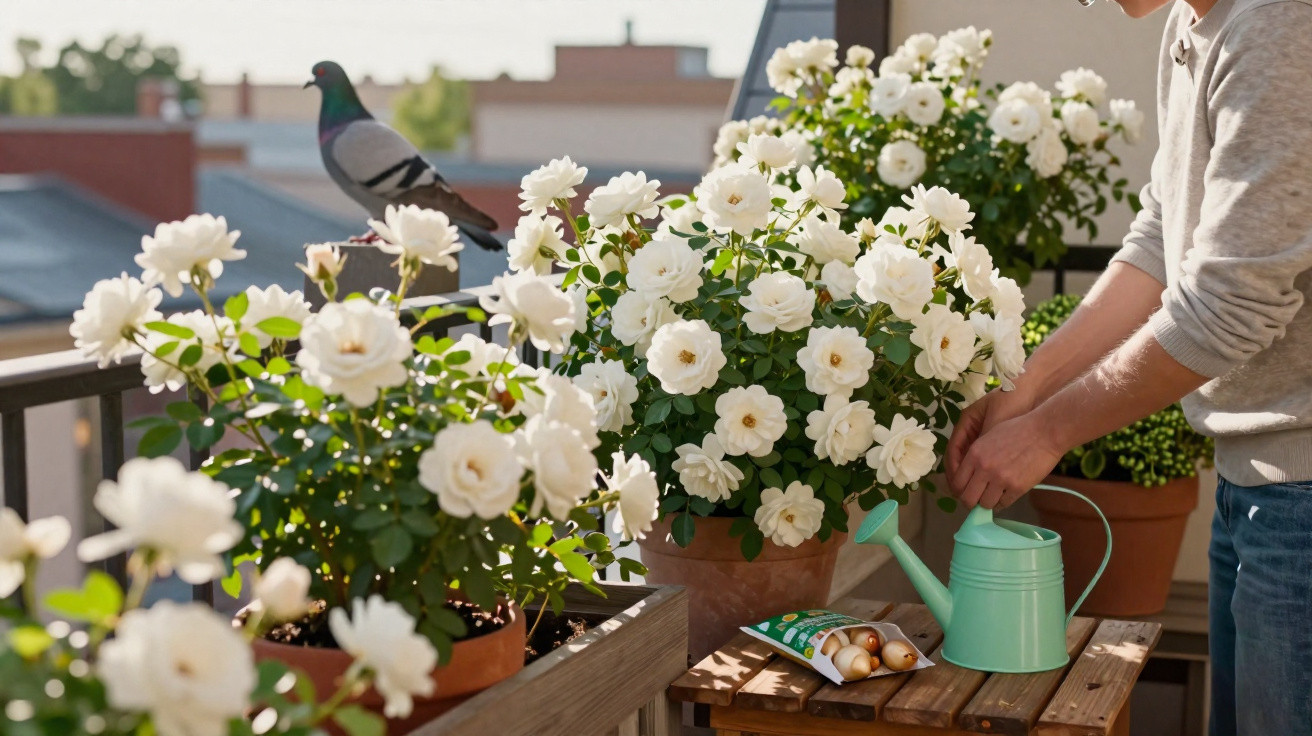 Pessoa a cuidar de flores brancas em vasos num terraço, com um pombo pousado na varanda.