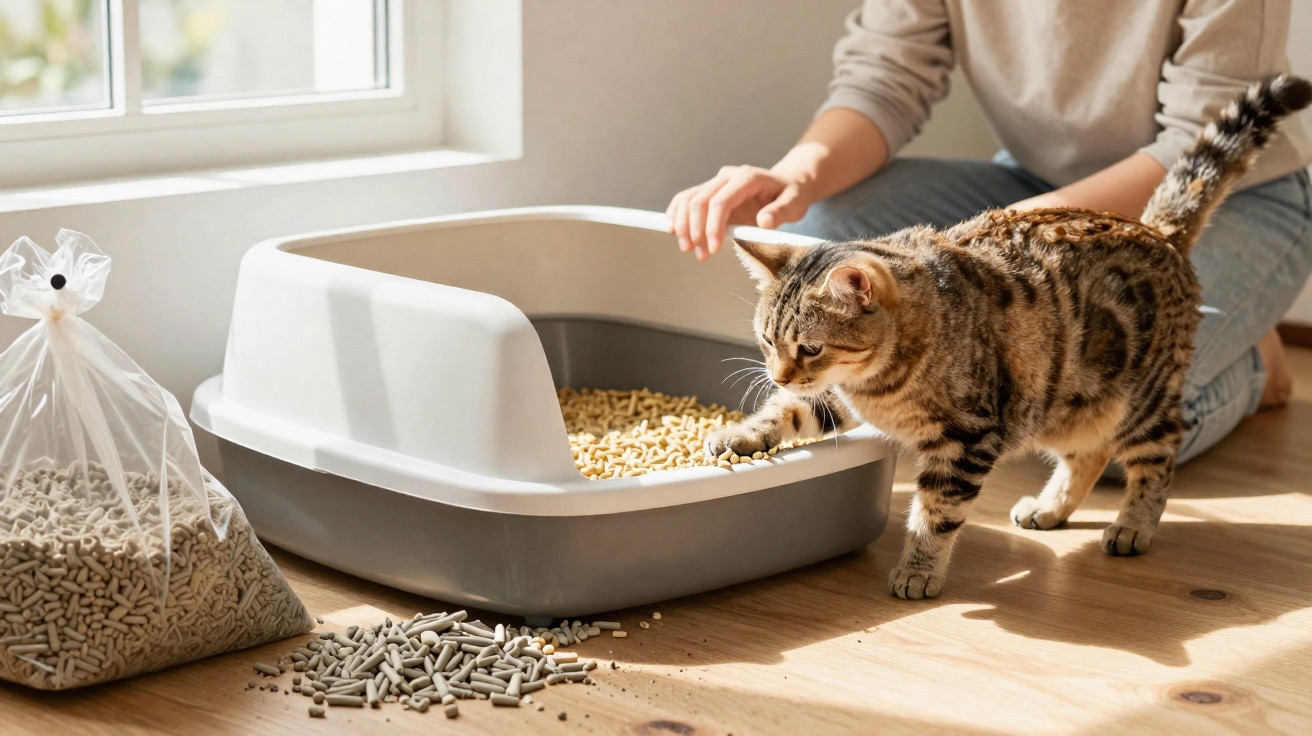 Gato a tocar a areia numa caixa de areia plástica com saco de pellets para gatos ao lado, junto a uma janela.