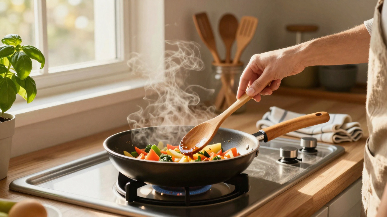 Mão a mexer legumes coloridos numa frigideira com colher de pau, num fogão a gás numa cozinha iluminada.
