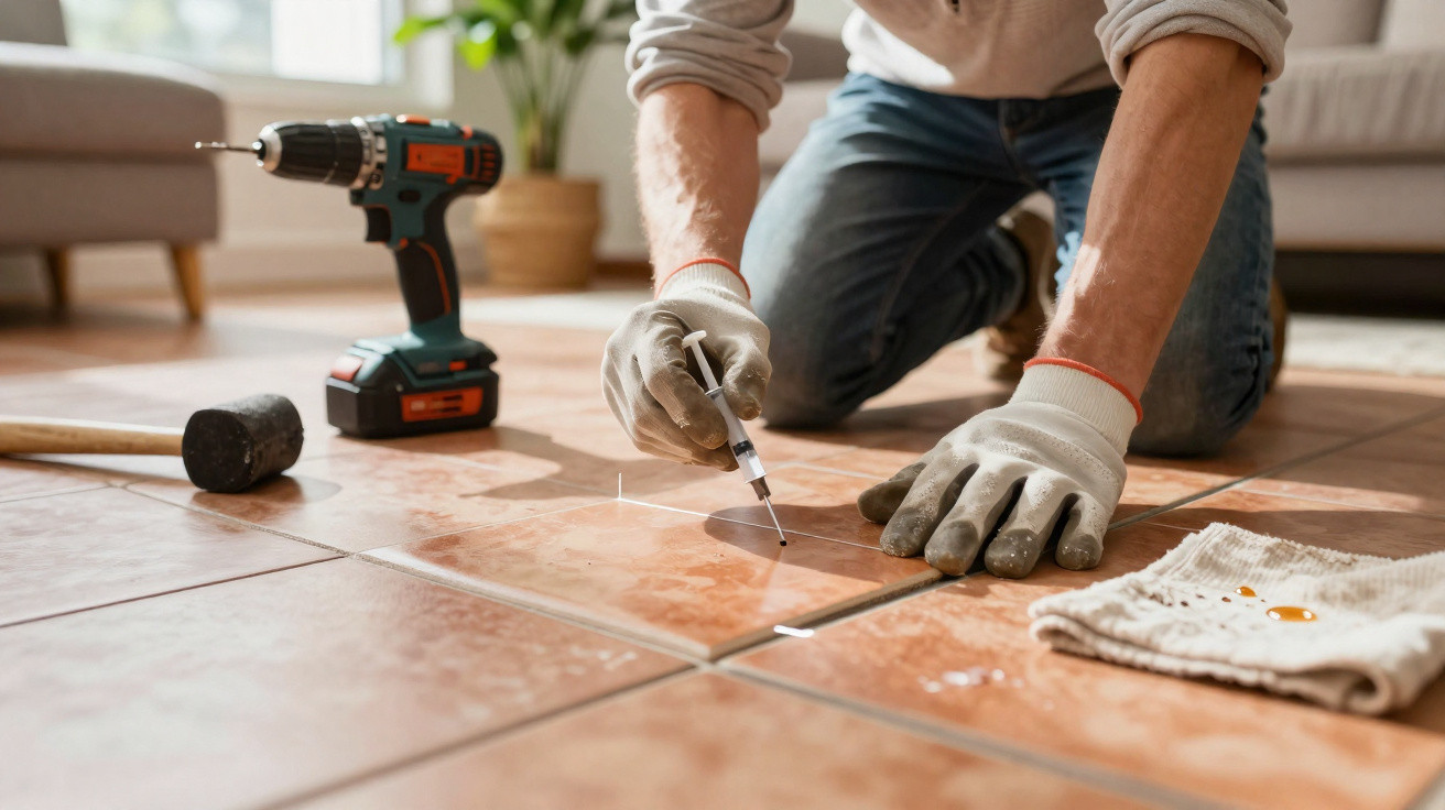 Pessoa com luvas aplica silicone entre azulejos num chão enquanto se apoia com a outra mão.