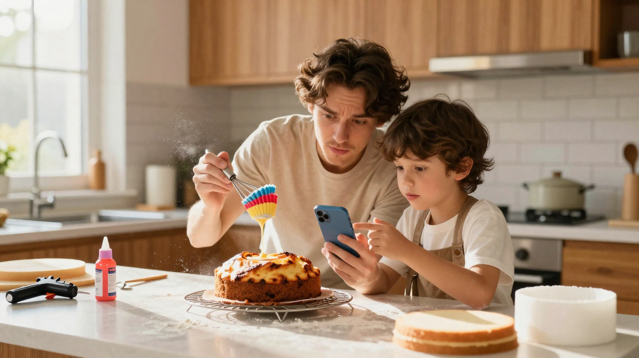 Pai e filho decoram bolo na cozinha, consultando receitas num telemóvel.