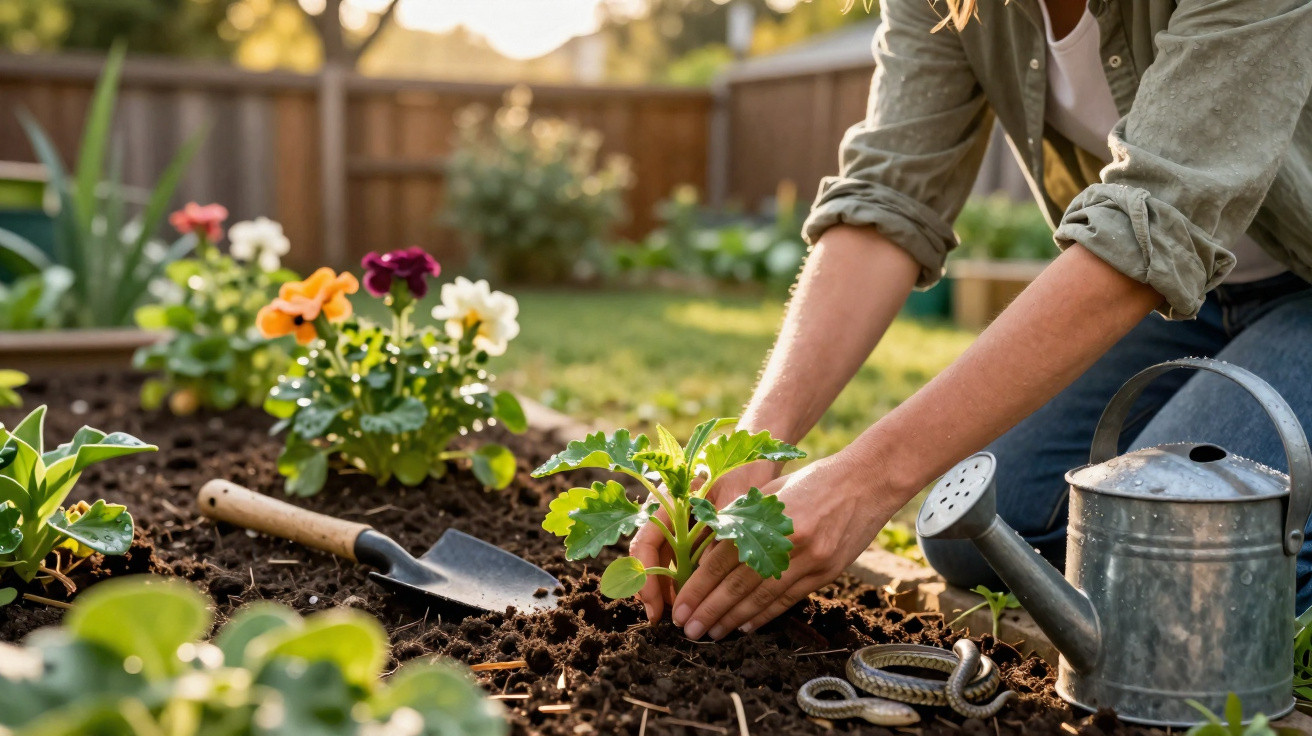 Pessoa a plantar uma muda num jardim com regador metálico e enxada ao lado.