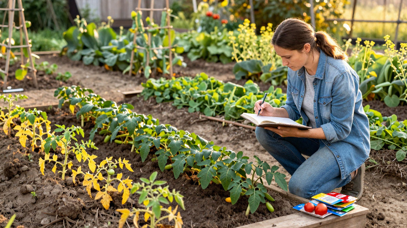 Mulher a escrever num caderno enquanto examina plantas num jardim de vegetais.