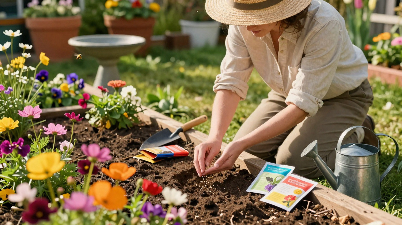 Pessoa a plantar sementes num canteiro com flores coloridas, regador e ferramenta de jardinagem.