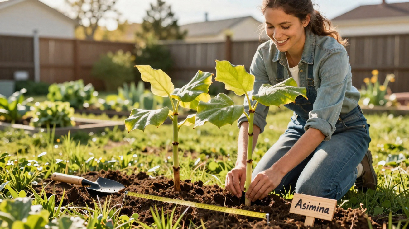 Mulher sorridente a plantar muda de Asimina num jardim ensolarado, com regador e fita métrica ao lado.
