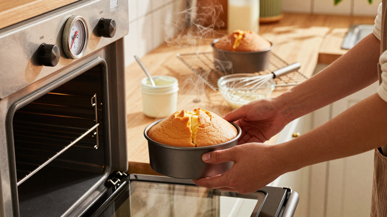Pessoa a retirar bolo quente acabado de sair do forno numa cozinha acolhedora.