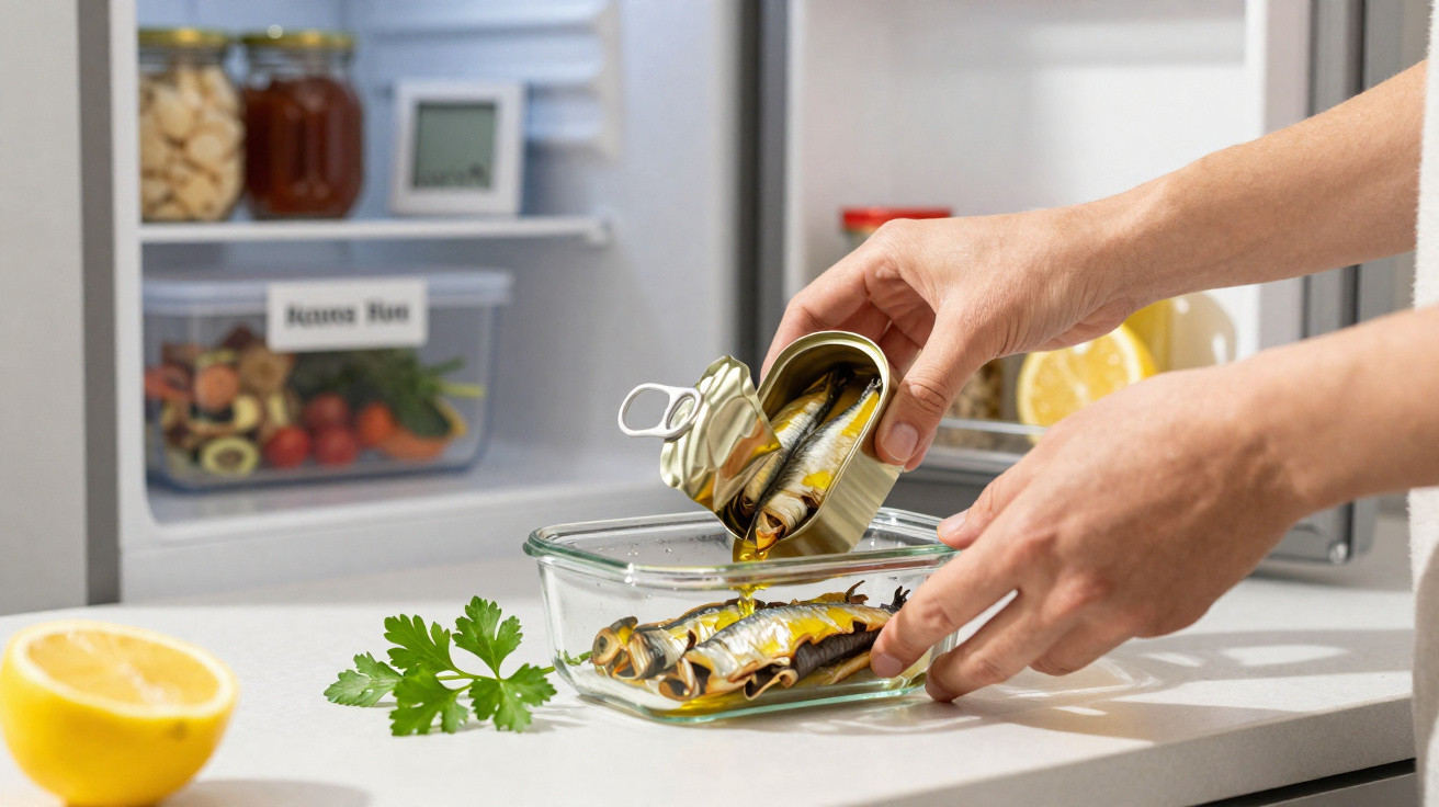 Mãos a transferir sardinhas de lata para recipiente de vidro na cozinha, com frigorífico ao fundo.