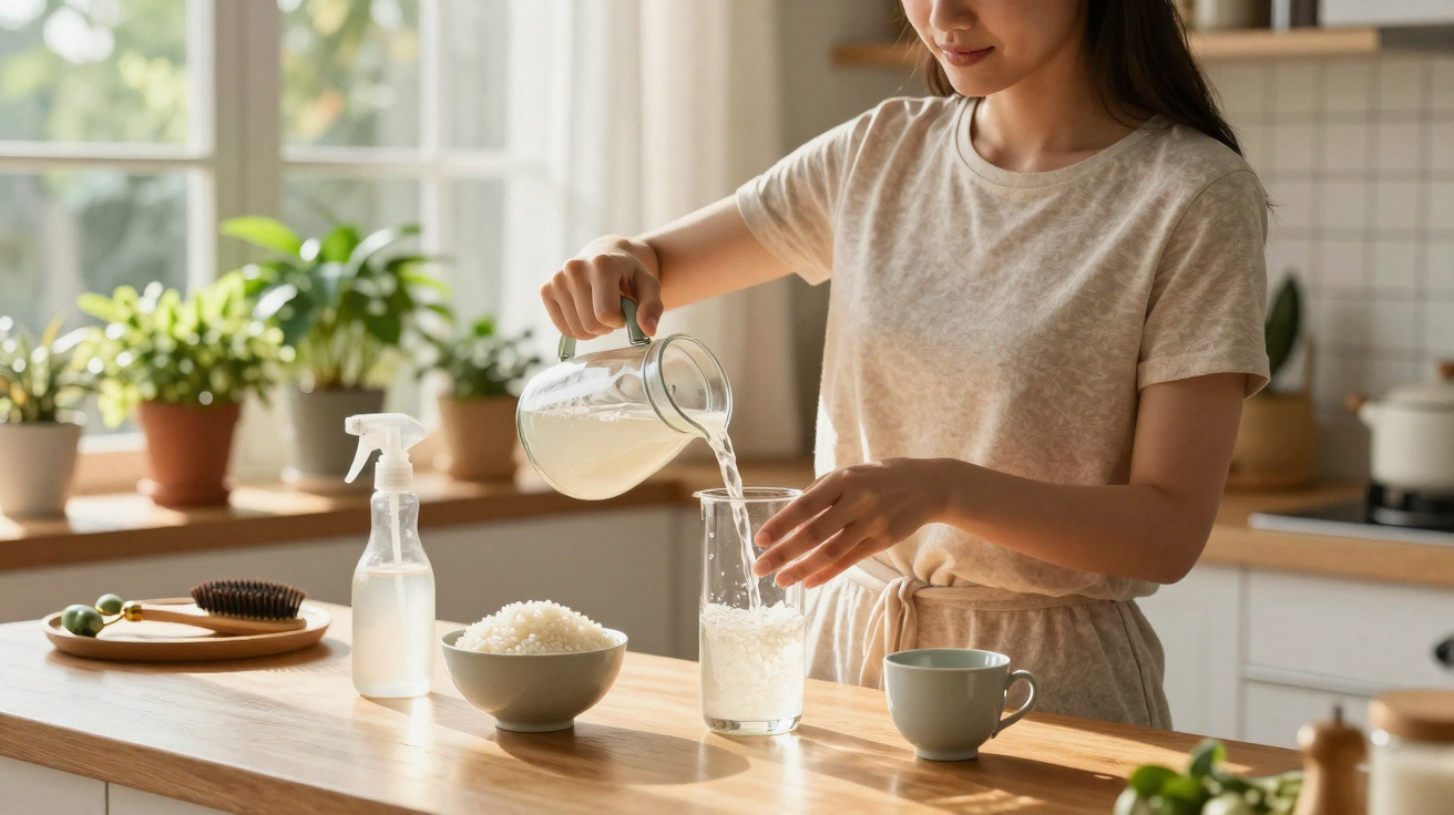 Mulher a verter líquido de jarro para copo numa cozinha iluminada, com tigela de arroz e plantas ao fundo.