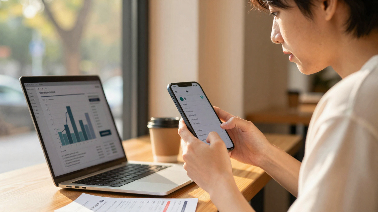 Pessoa a consultar telemóvel enquanto trabalha num portátil com gráficos, numa mesa com café e documentos.