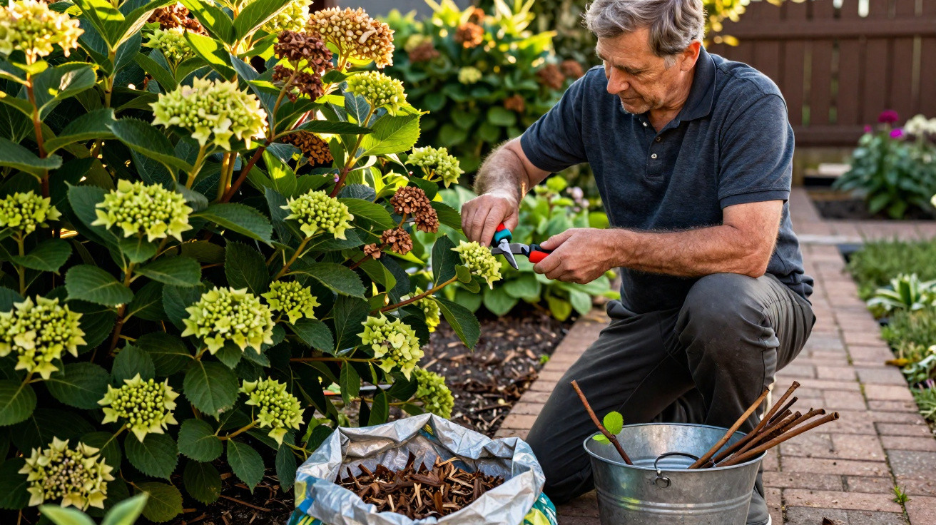 Homem a podar flores numa planta em jardim organizado junto a caminho de tijolos.