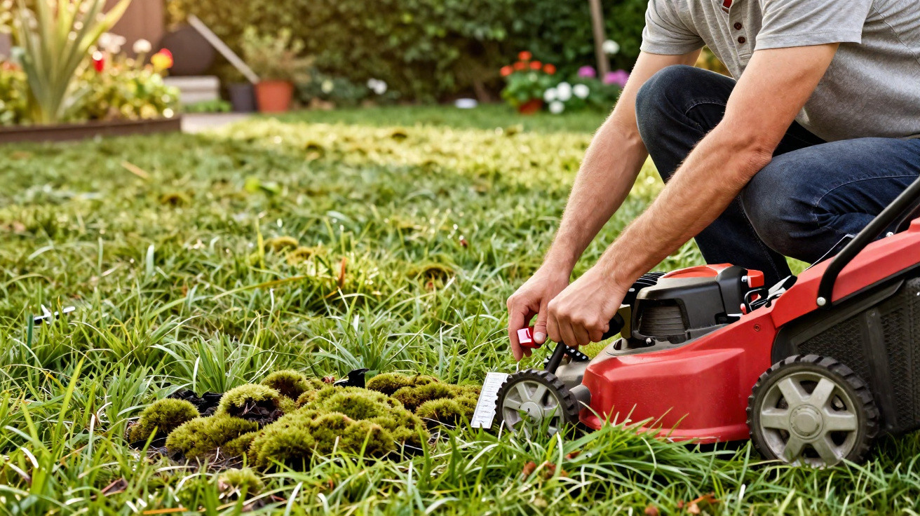 Pessoa a preparar cortador de relva vermelho num jardim com relva verde e flores ao fundo.