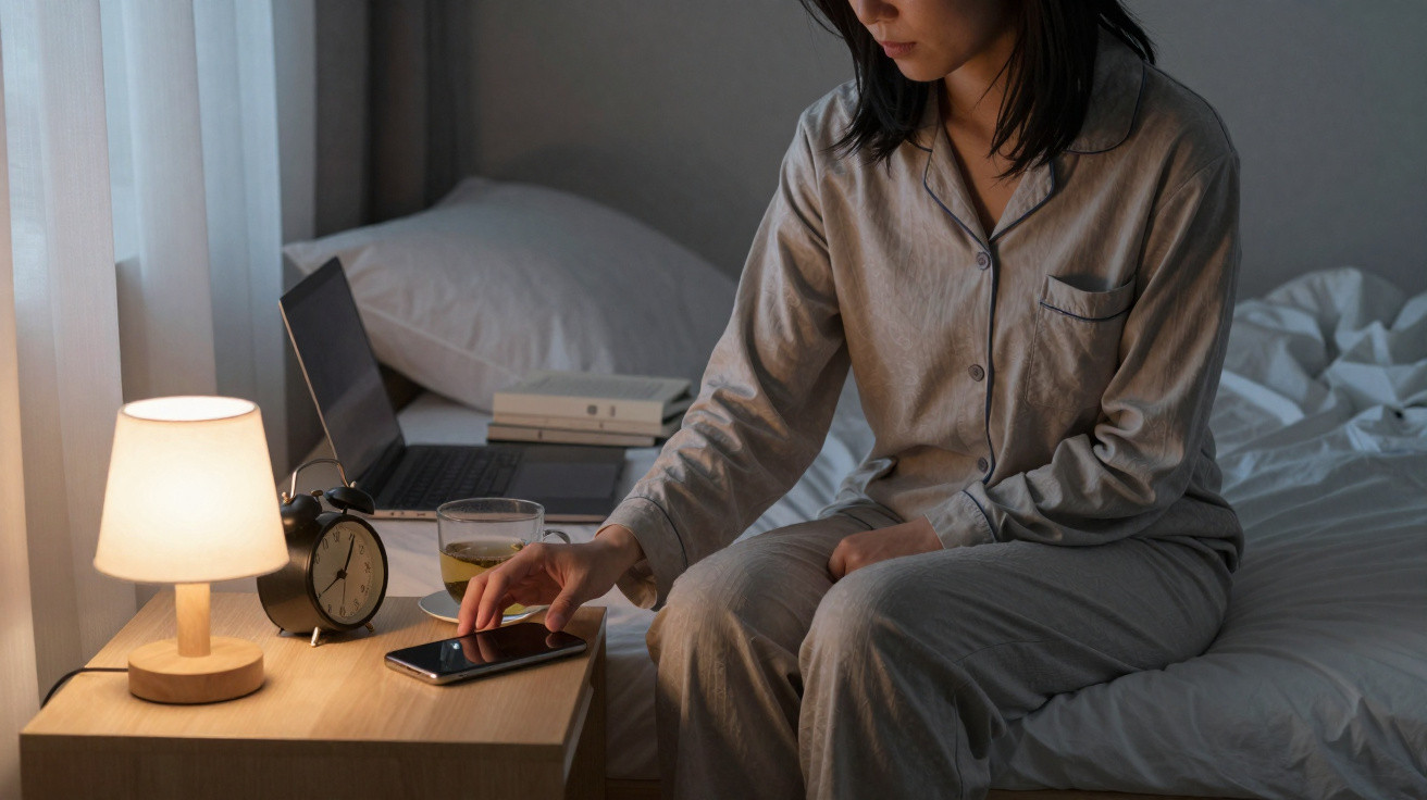 Pessoa em pijama sentada na cama, a pegar num telemóvel numa mesa de cabeceira com lampada e despertador.
