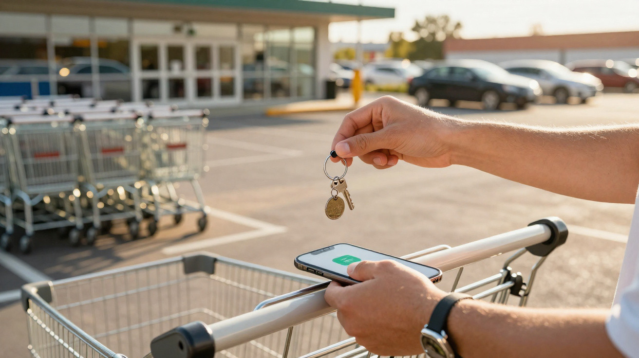 Mão a segurar uma moeda e chaves junto a um telemóvel sobre um carrinho de compras num estacionamento.