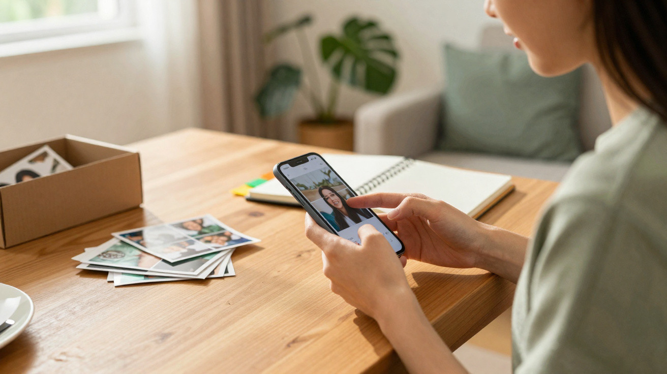 Pessoa a usar smartphone para videochamada numa mesa com fotografias e caderno ao fundo.