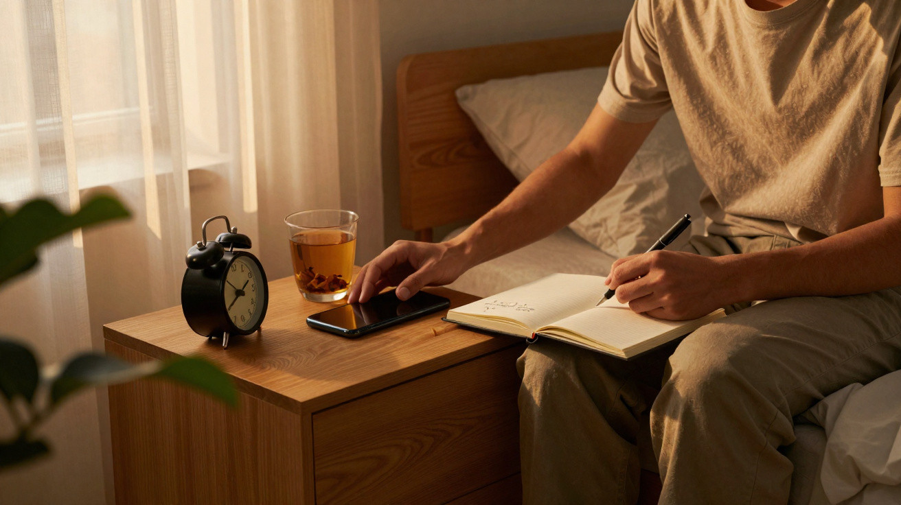 Pessoa sentada na cama a escrever num caderno, com relógio, chá e telemóvel numa mesa ao lado.