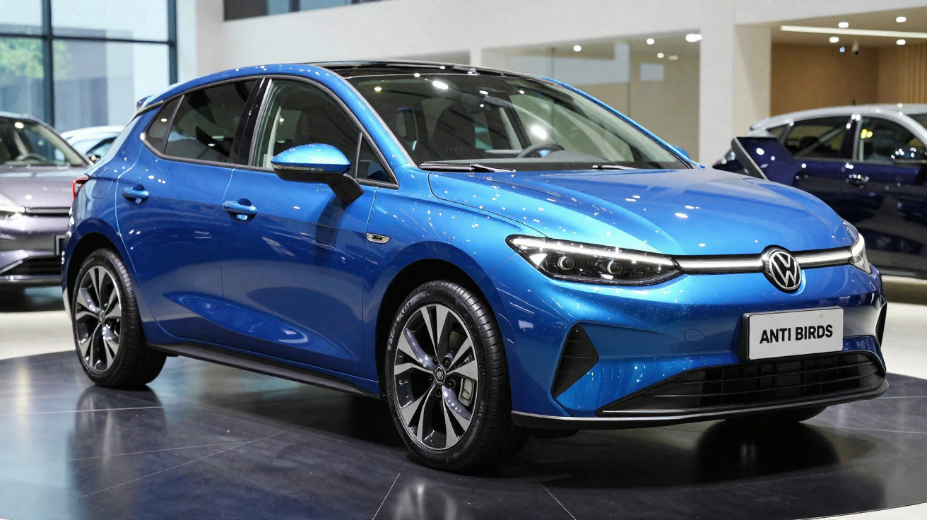 Carro elétrico Volkswagen azul em exposição num salão automóvel moderno.