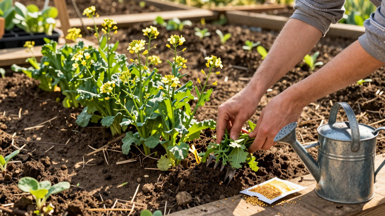 Mãos a cuidar de plantas num canteiro, com regador metálico e saco de sementes ao lado.