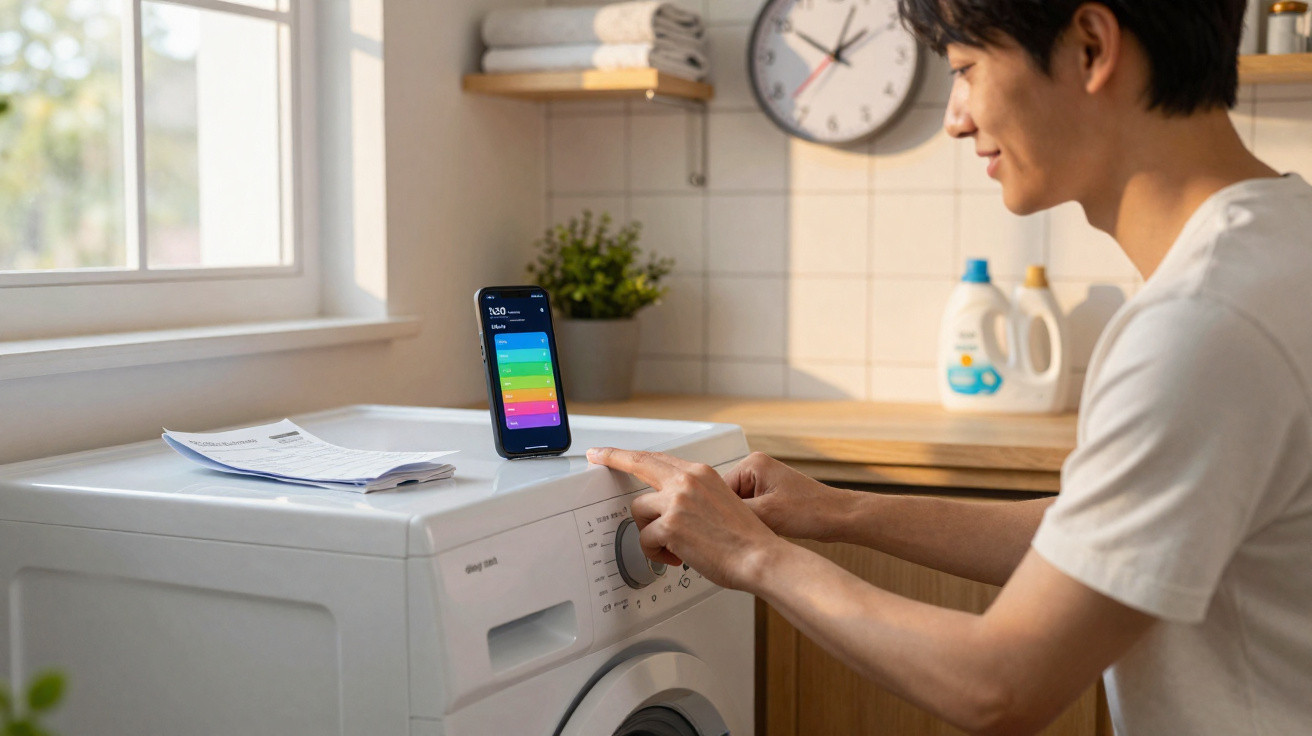 Homem a usar uma máquina de lavar roupa com smartphone e manual na superfície numa lavandaria iluminada.