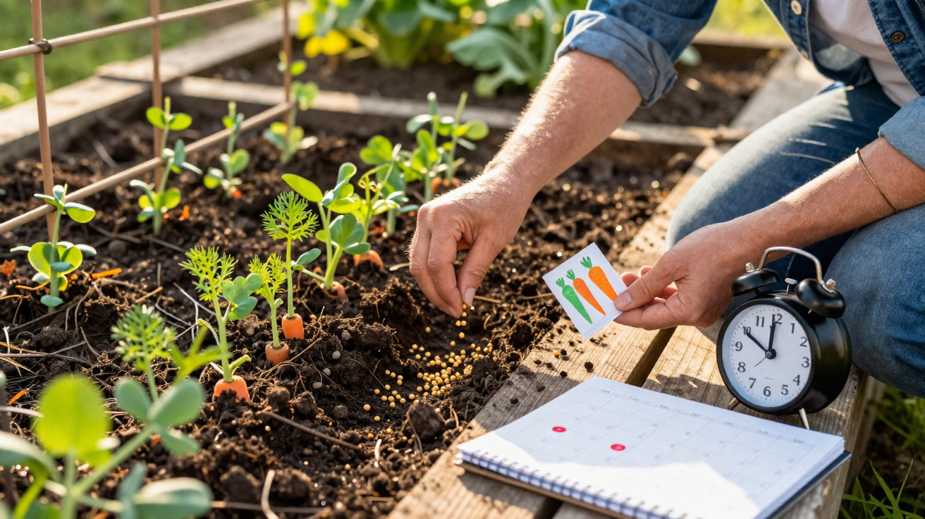 Pessoa a plantar sementes no jardim com calendário e relógio ao lado, num dia ensolarado.