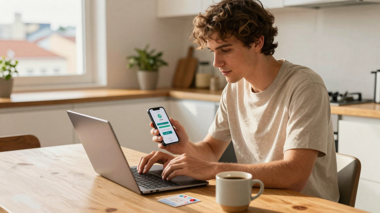 Homem jovem usa computador portátil e telemóvel numa mesa de cozinha com café e cartão bancário.