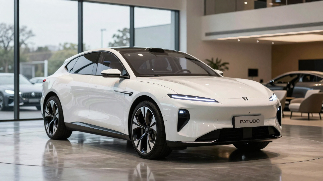 Carro elétrico branco Patudo estacionado em salão moderno com piso refletor e janelas amplas.