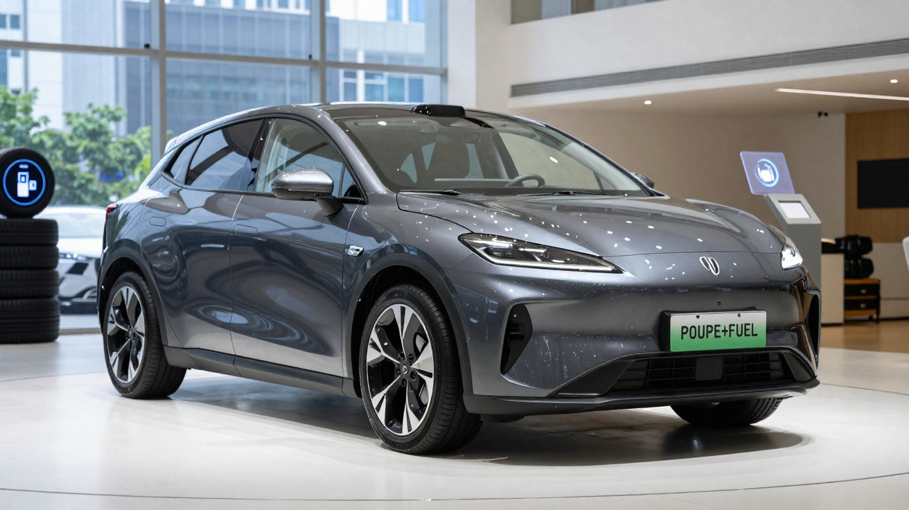 Carro elétrico cinza exposto em interior moderno com placas verdes a indicar poupança de combustível.
