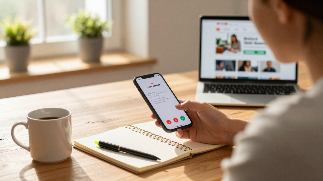 Pessoa a atender chamada no smartphone com portátil, bloco de notas, caneta e chá numa mesa de madeira.