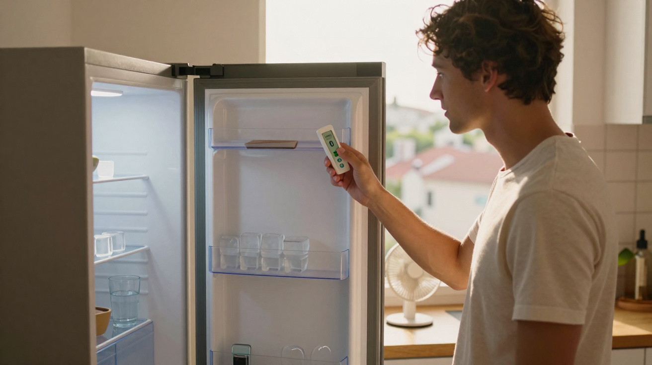 Homem a medir a temperatura do frigorífico aberto numa cozinha luminosa durante o dia.