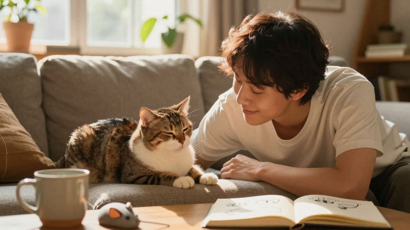 Jovem sorri para gato sentado no sofá numa sala iluminada, com livros e caneca na mesa à frente.