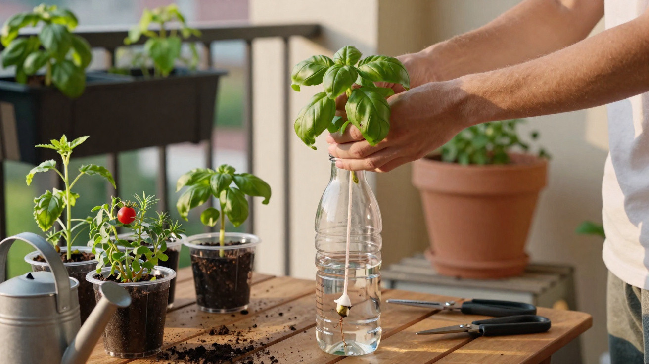 Mãos a transplantar planta de manjericão para garrafa com água, várias plantas em vasos numa mesa de madeira.