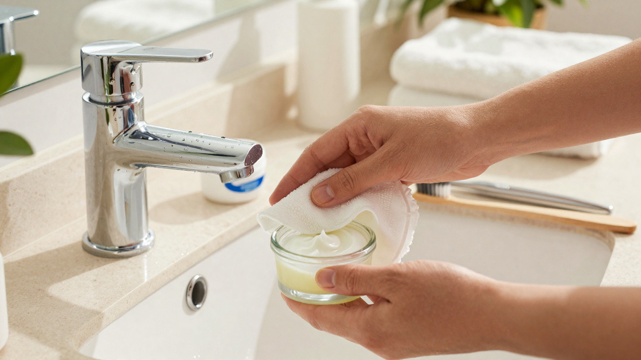 Mãos femininas seguram um pote de creme e limpam a borda com um pano branco numa casa de banho.