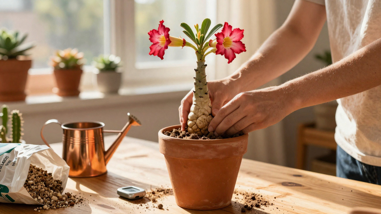 Mãos a cuidar de uma planta com flores rosa num vaso de barro sobre mesa de madeira junto a uma janela.