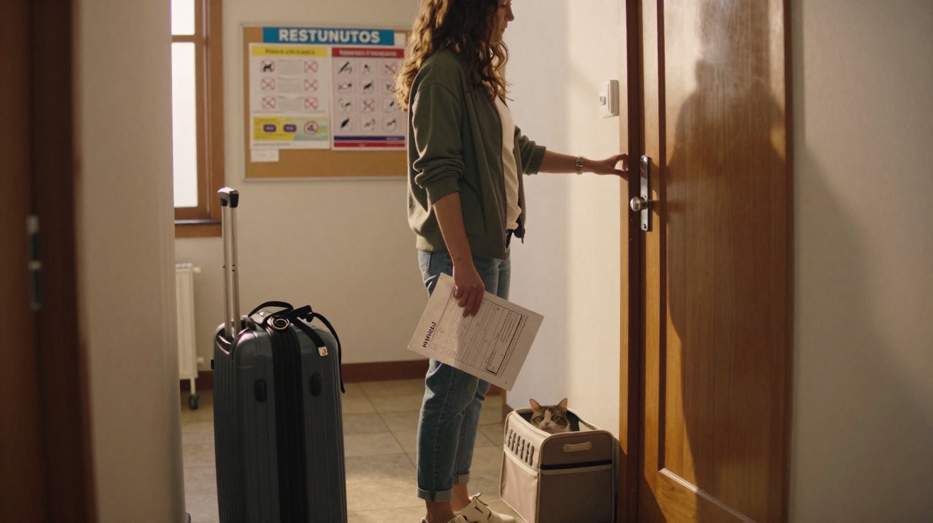Mulher com mala e gato em transportadora abre porta de quarto com cartaz sobre resíduos no fundo.