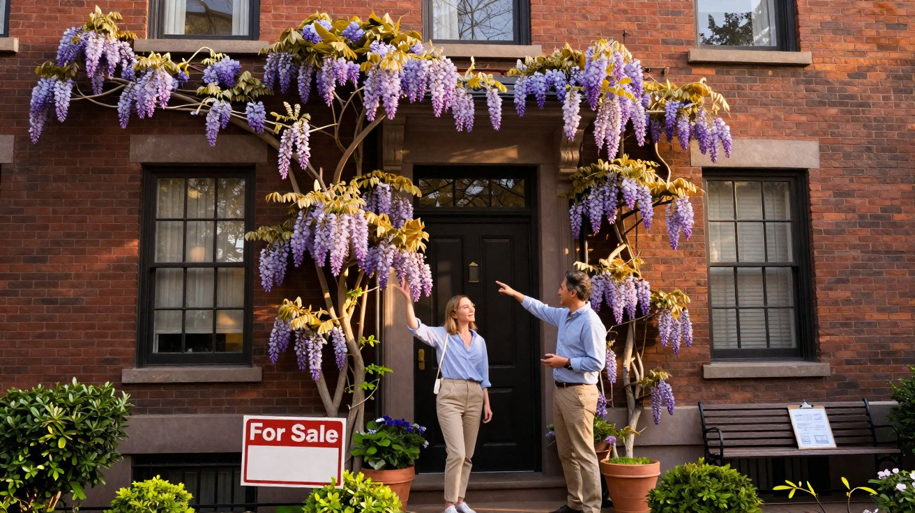 Casal em frente a casa com videira florida roxa e placa de "For Sale".