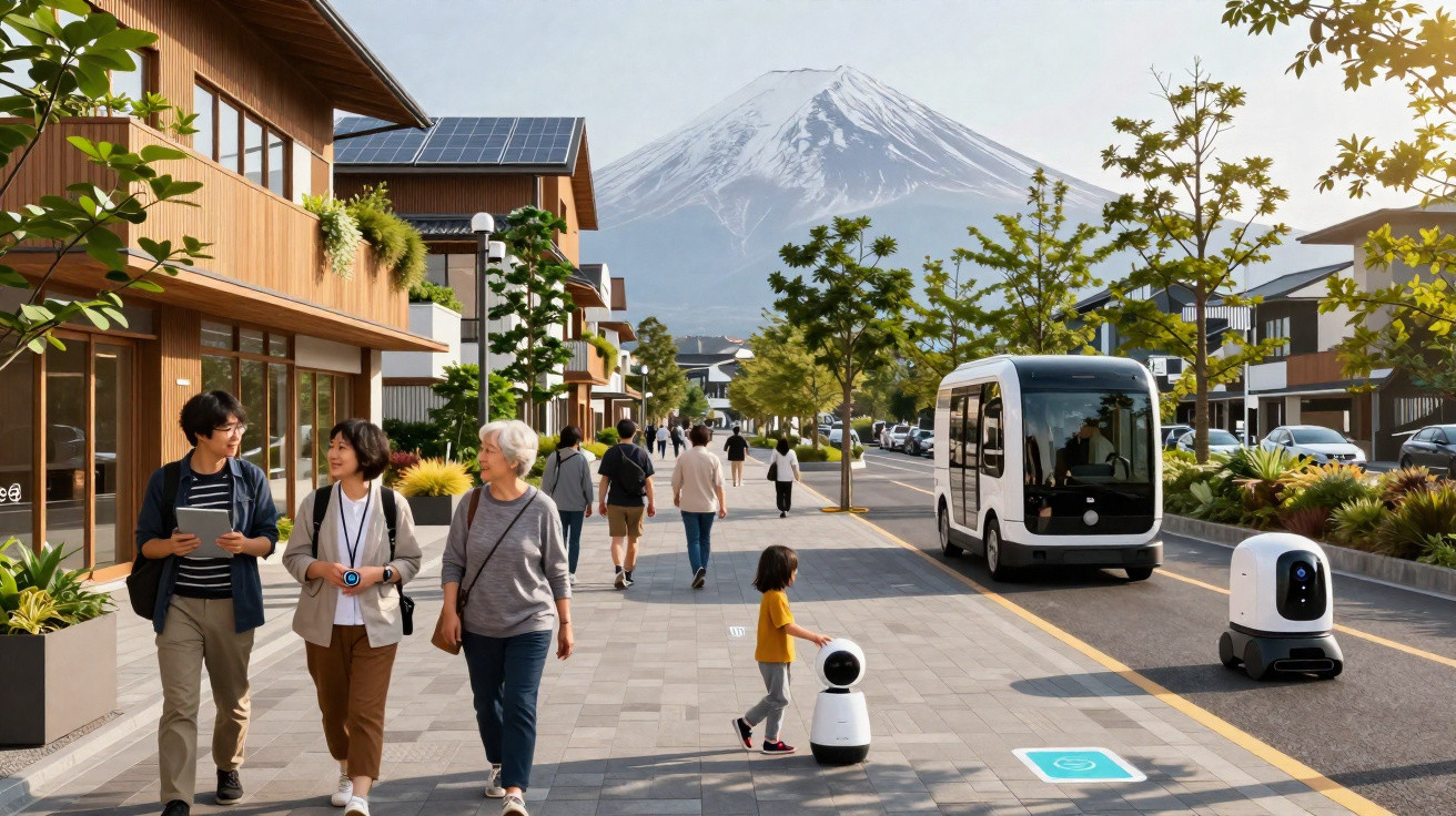 Rua moderna com casas solares, pessoas a caminhar, robôs autónomos e o monte Fuji ao fundo com neve no topo.