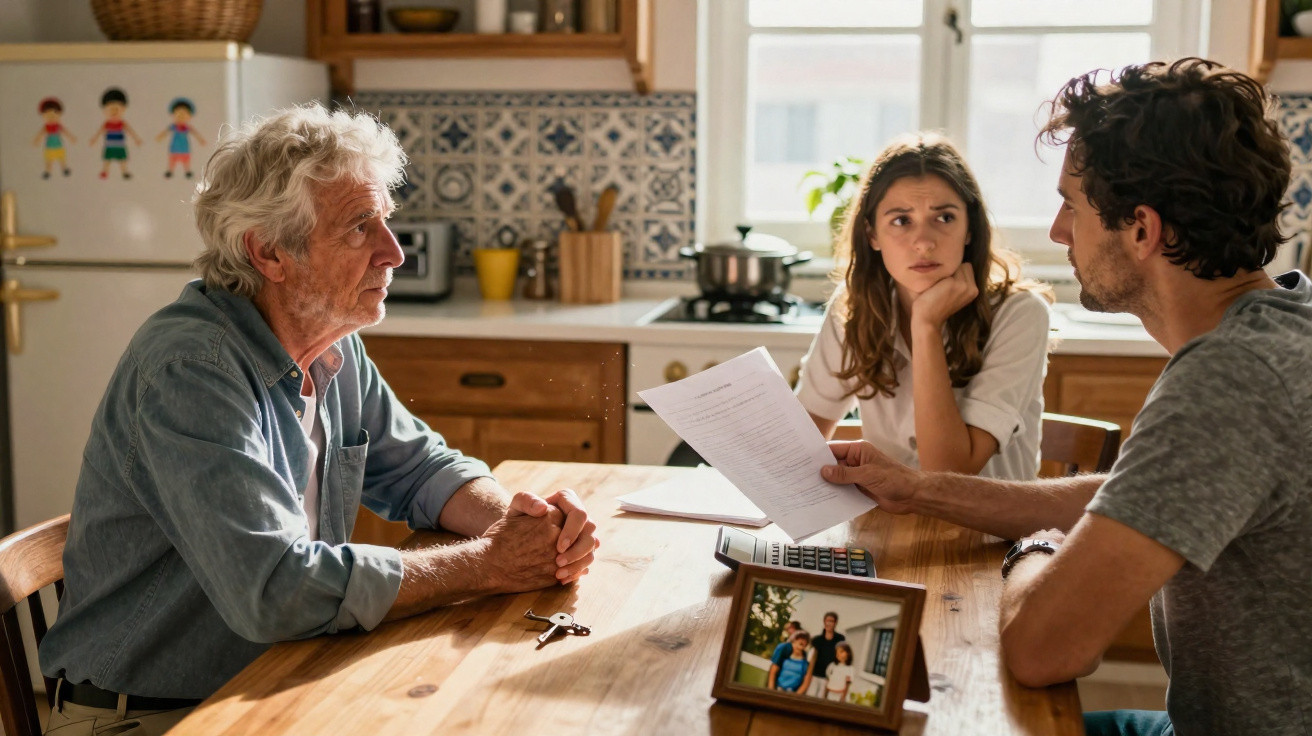 Três pessoas sentadas à mesa da cozinha, discutindo documentos com expressão séria.