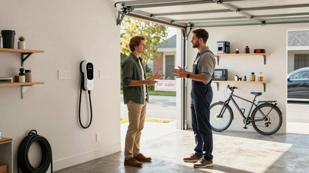 Duas pessoas conversam numa garagem com carregador de carro elétrico, prateleiras e uma bicicleta encostada.