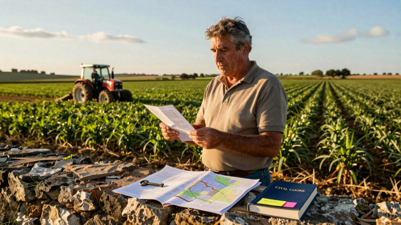 Homem analisa documentos agrícolas junto a mapa num campo, com tractor ao fundo.